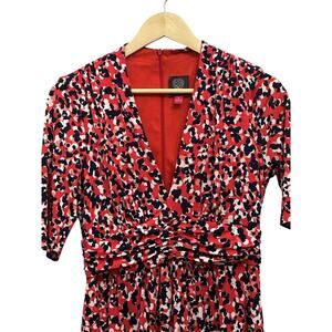 Vince Camuto Red Navy White Abstract Print Midi Dress Size 6